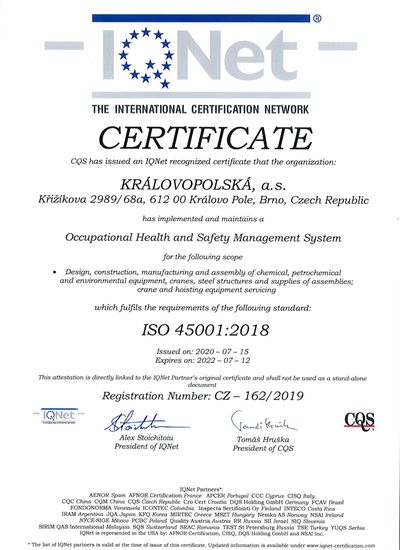 ISO 45001 IQ NET | Certifikace a oprávnění pro výrobu