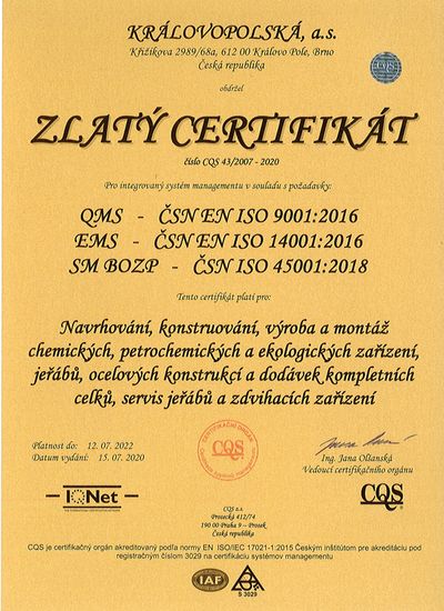 Zlaty certifikat QMS EMS SMS | Certifikace a oprávnění pro výrobu