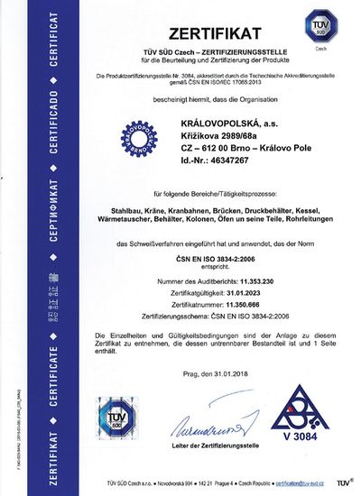 TUV 3834 DE 1 | Certifikace a oprávnění pro výrobu
