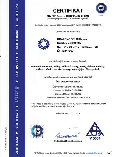 TUV 3834 CZ 1 | Certifikace a oprávnění pro výrobu